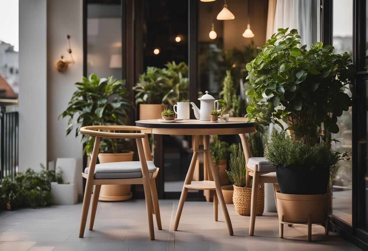 A cozy balcony with modern furniture, potted plants, and soft lighting