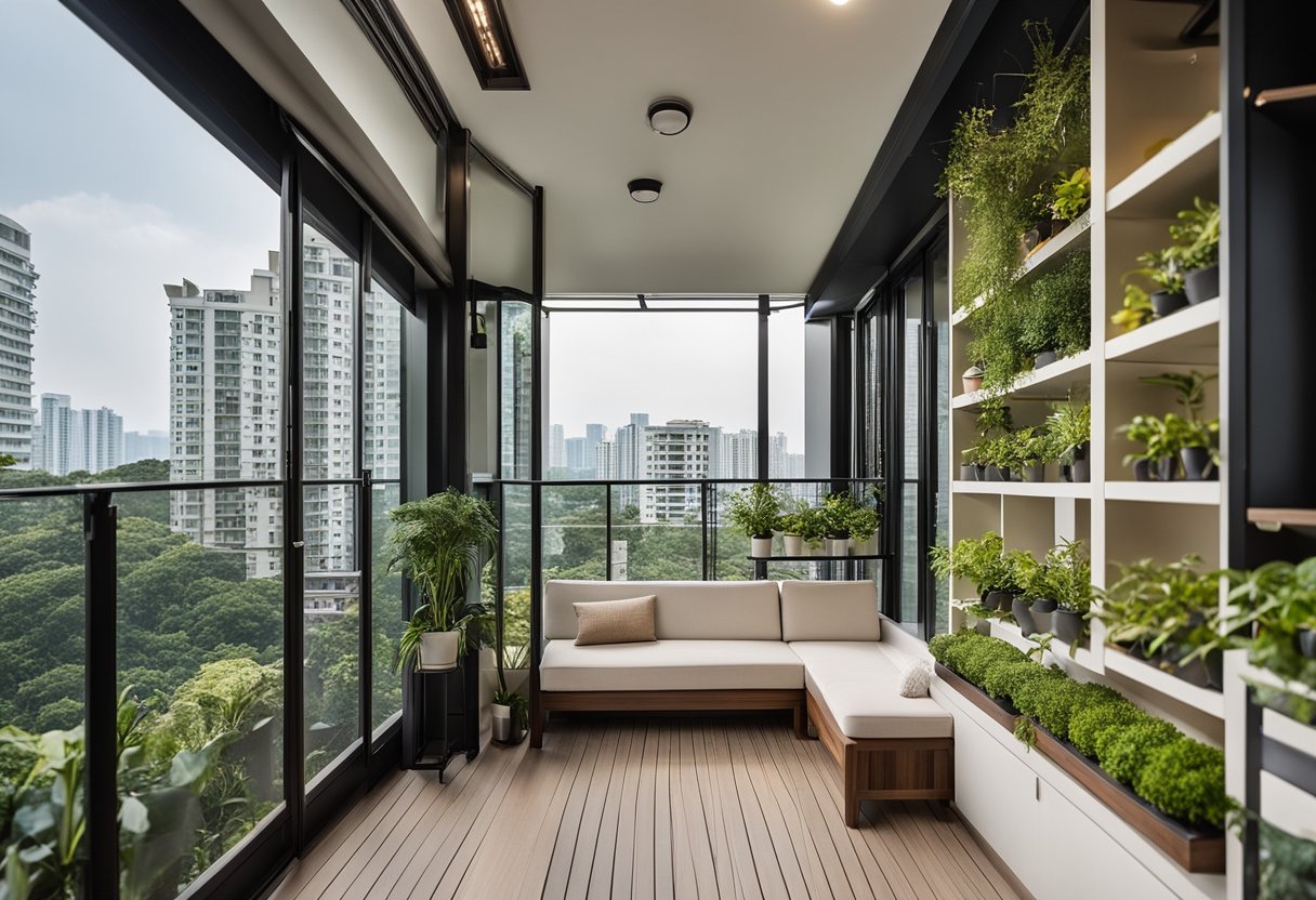 A spacious HDB maisonette balcony with smart storage and space utilization, featuring built-in shelves, hanging planters, and a cozy seating area