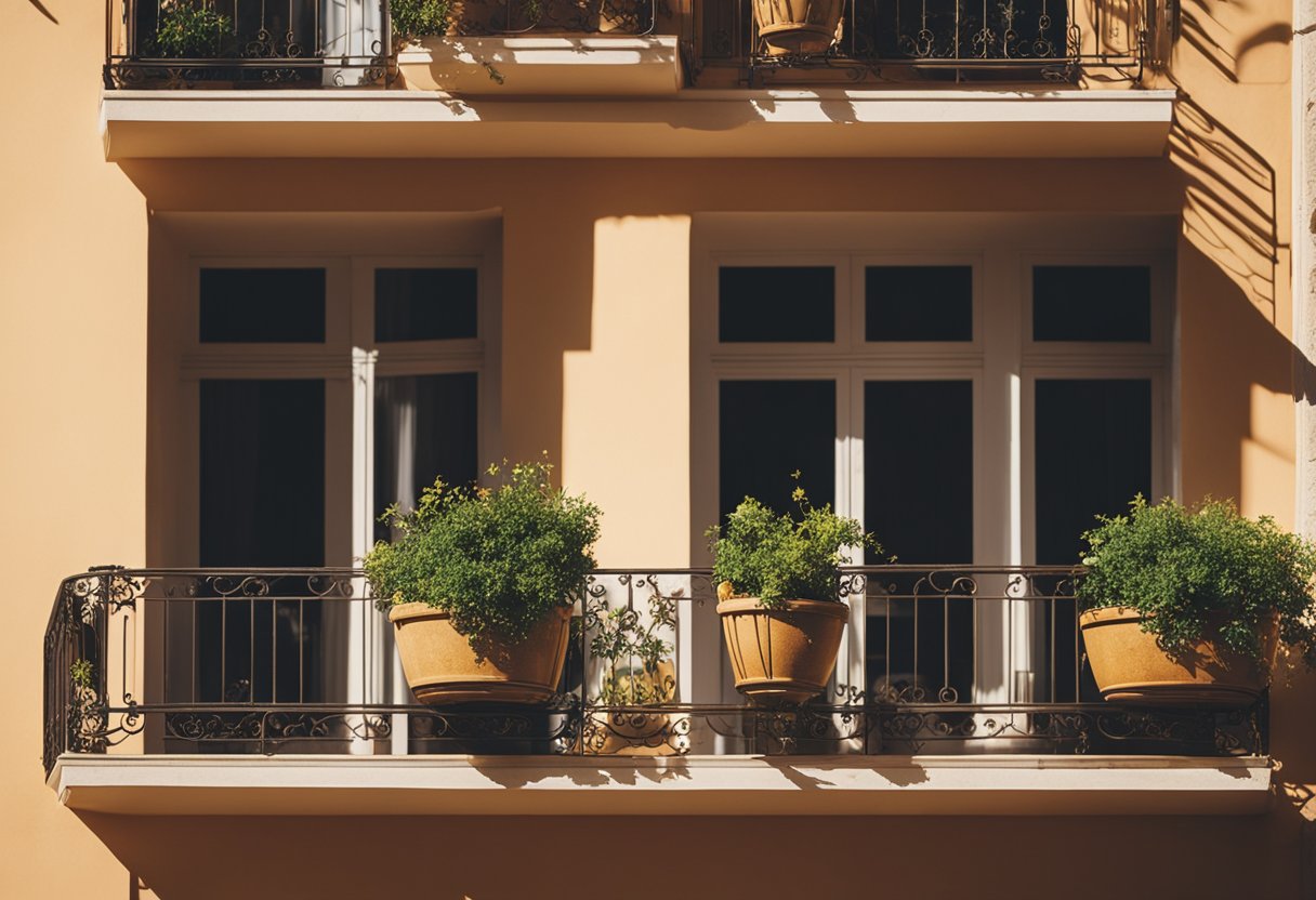 The balcony is bathed in warm, golden light, casting soft shadows on the intricate ironwork and potted plants. The ambience is serene, with a gentle breeze rustling through the curtains