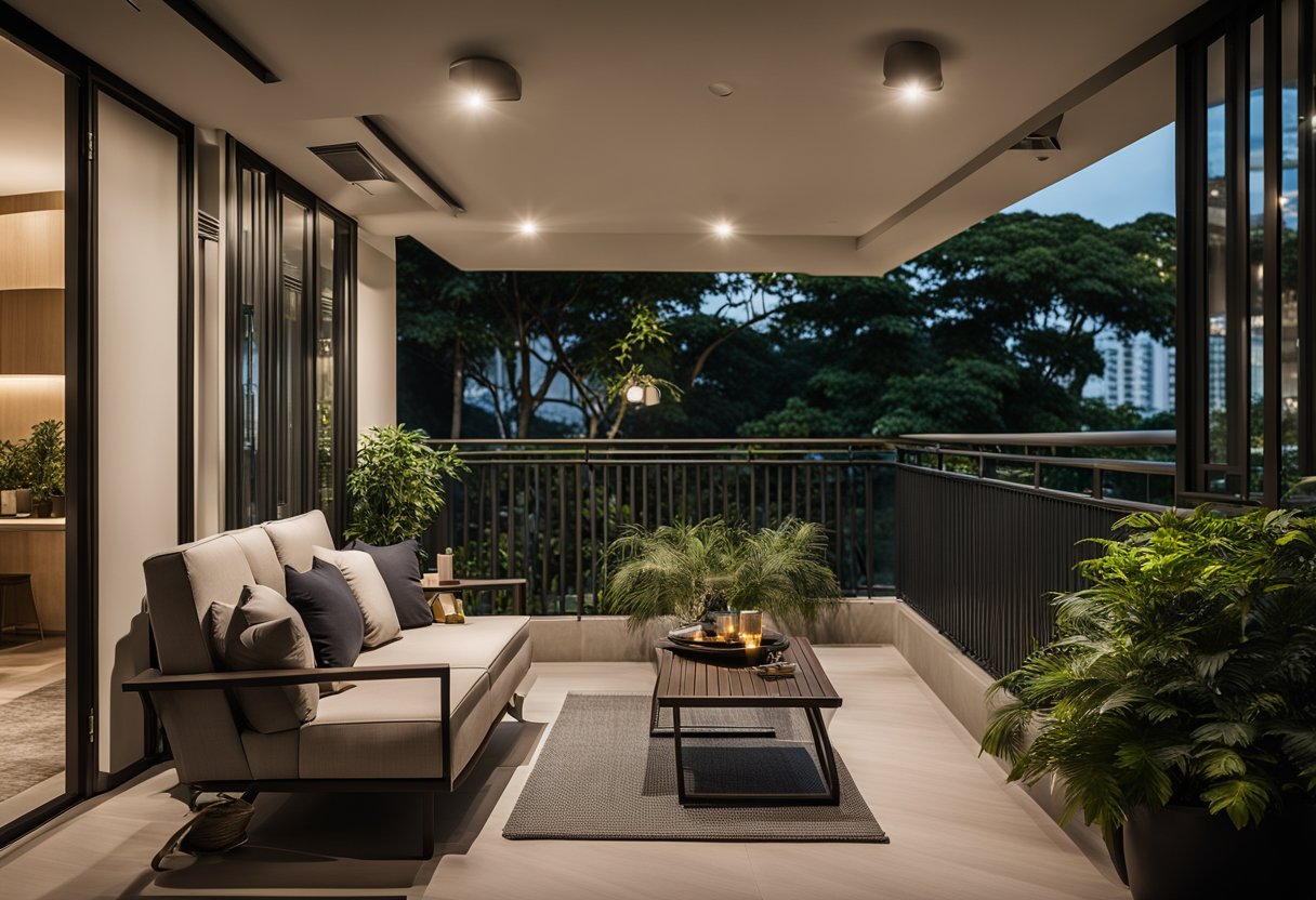 A spacious hdb maisonette balcony with modern, sleek furniture, surrounded by lush greenery and adorned with stylish lighting fixtures