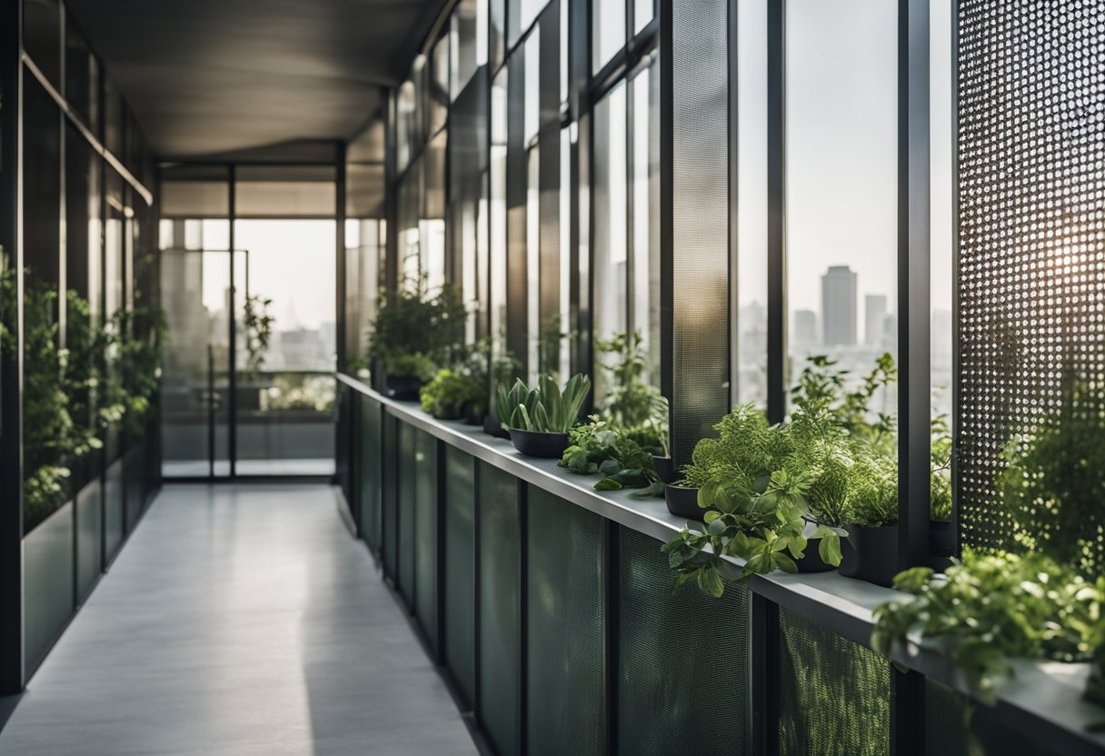 A balcony enclosed by tall, frosted glass panels with a modern, sleek design. A combination of greenery and decorative screens provide privacy and protection