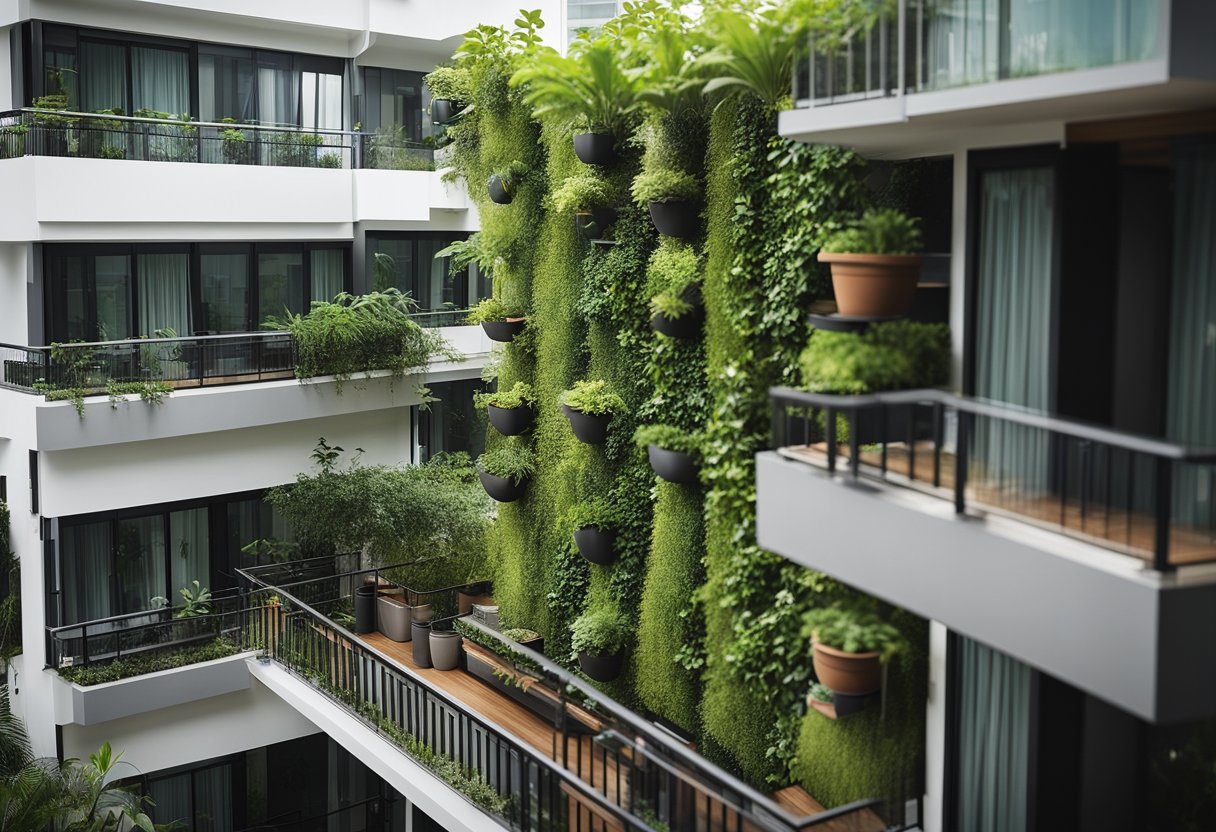 A spacious HDB maisonette balcony with sustainable features, such as a vertical garden, solar panels, and a rainwater harvesting system