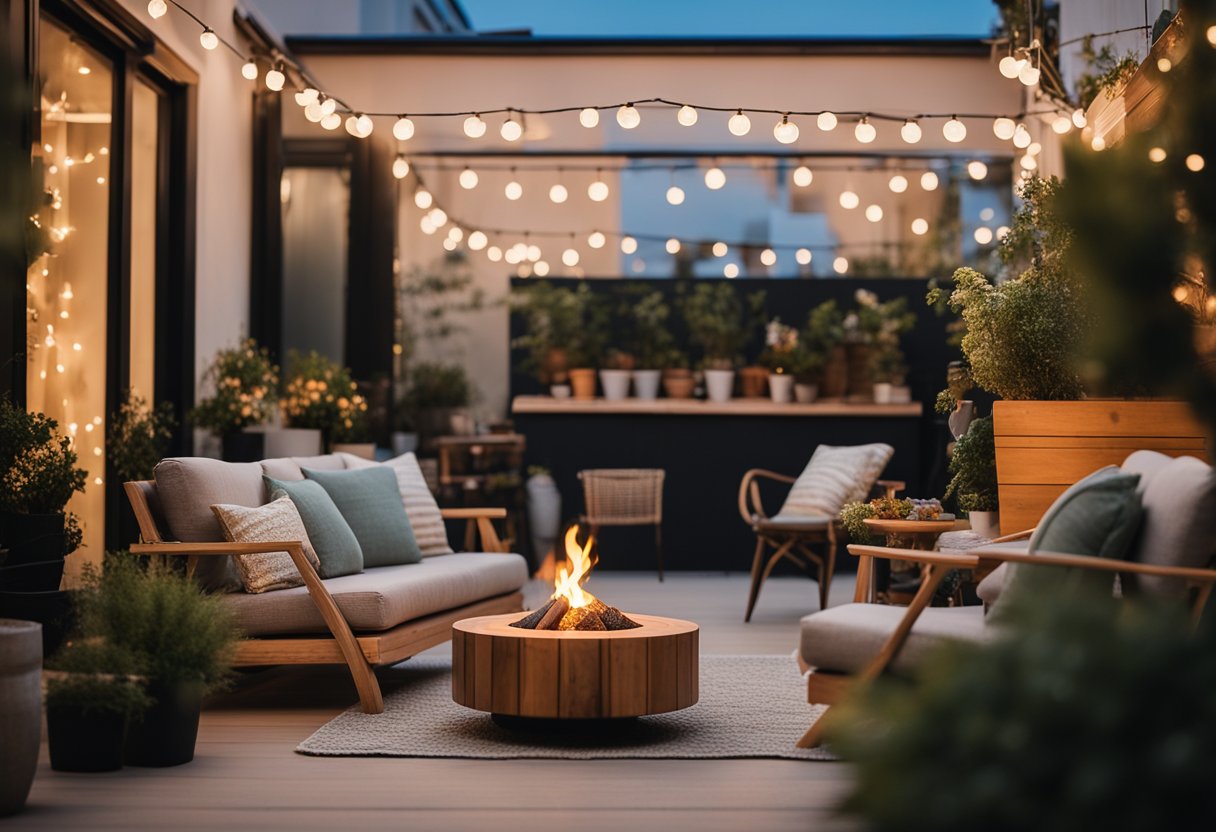 A spacious balcony with cozy seating, potted plants, and string lights. A small bar cart and a built-in fire pit add to the entertainment vibe