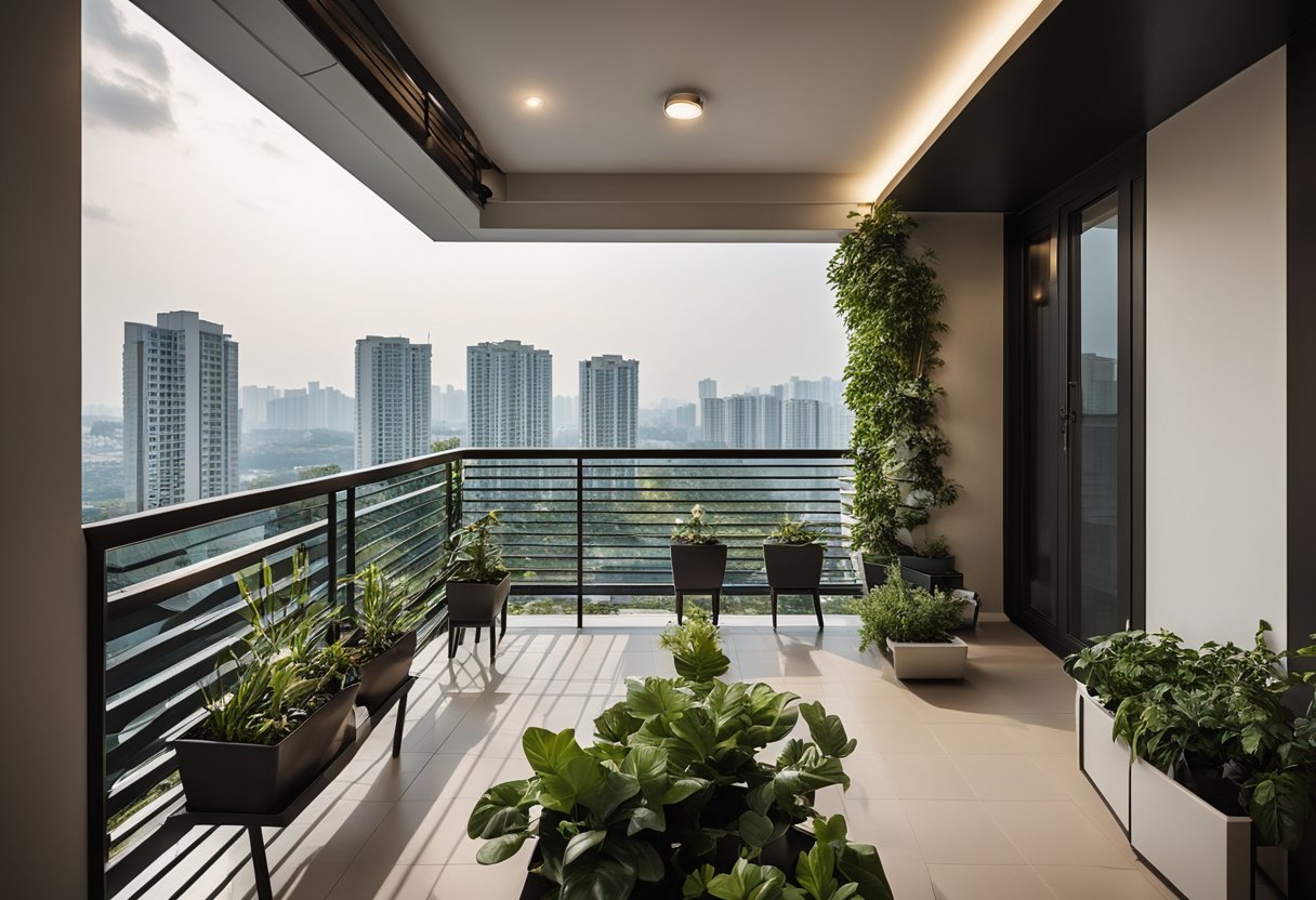 A spacious HDB maisonette balcony with modern design features, including built-in seating, potted plants, and stylish lighting fixtures