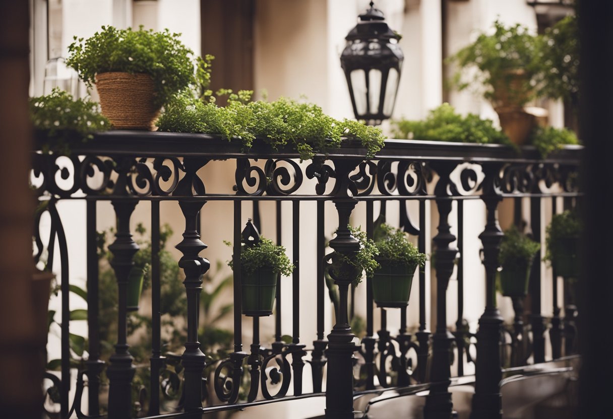 A wrought iron railing adorned with intricate scrollwork, potted plants, and hanging lanterns on a charming balcony