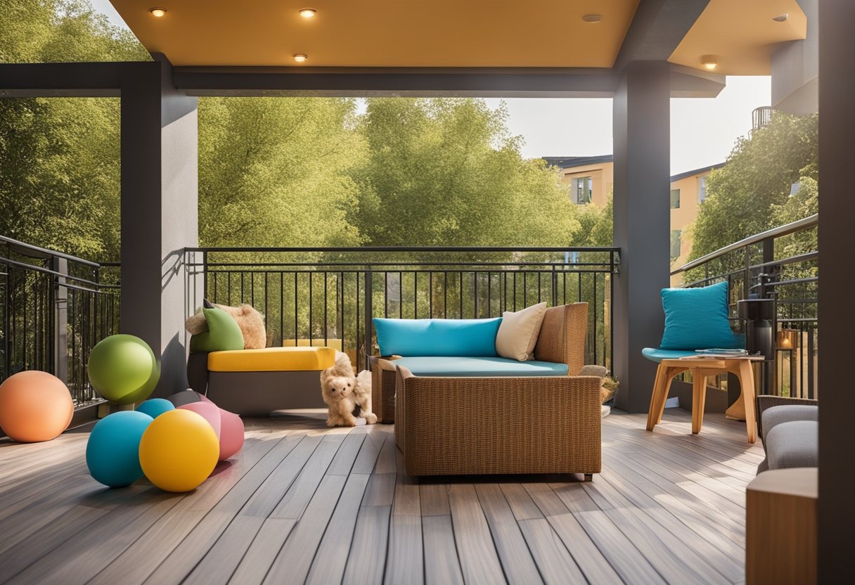 A spacious balcony with child-safe railings, colorful outdoor furniture, and a play area with soft flooring and toys