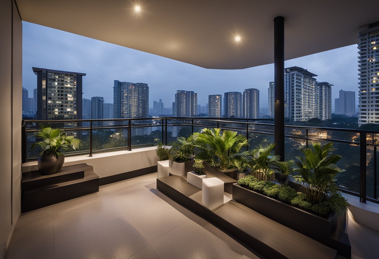 A spacious hdb maisonette balcony with sleek modern furniture, potted plants, and ambient lighting. Glass railing offers unobstructed views