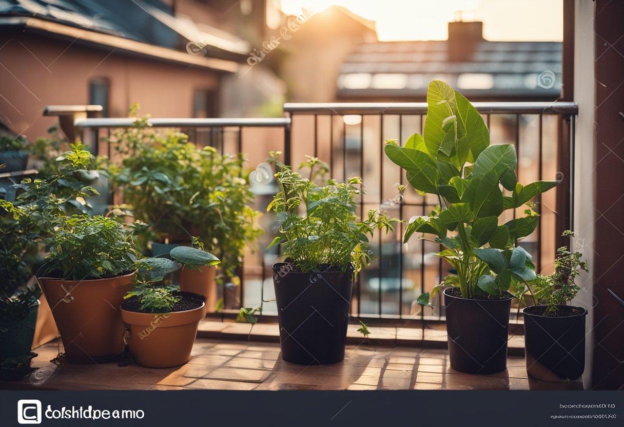 A balcony with potted plants, a compost bin, and a rainwater collection system, surrounded by eco-friendly furniture and solar-powered lights