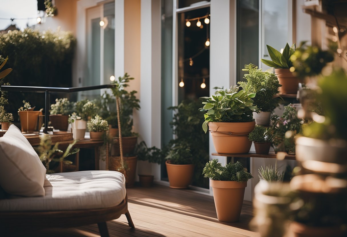 A cozy balcony with potted plants, fairy lights, and comfortable seating, overlooking a serene neighborhood
