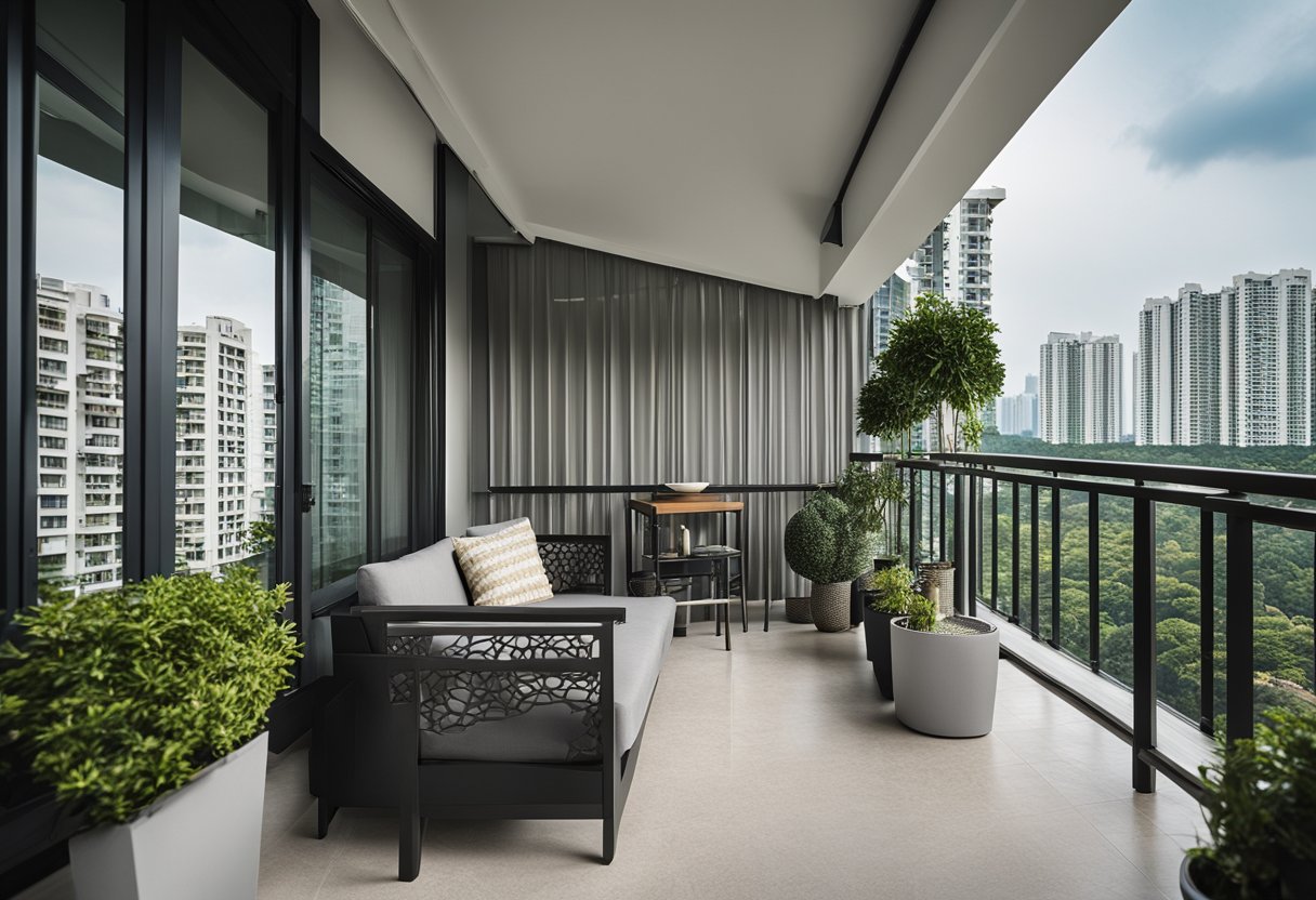 A spacious HDB maisonette balcony with modern design features and comfortable seating area