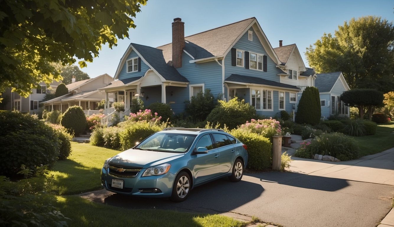 A cozy suburban house with a lush garden, a car parked in the driveway, and a clear blue sky overhead. A mailbox stands at the edge of the property, and a friendly neighbor waves from their own yard