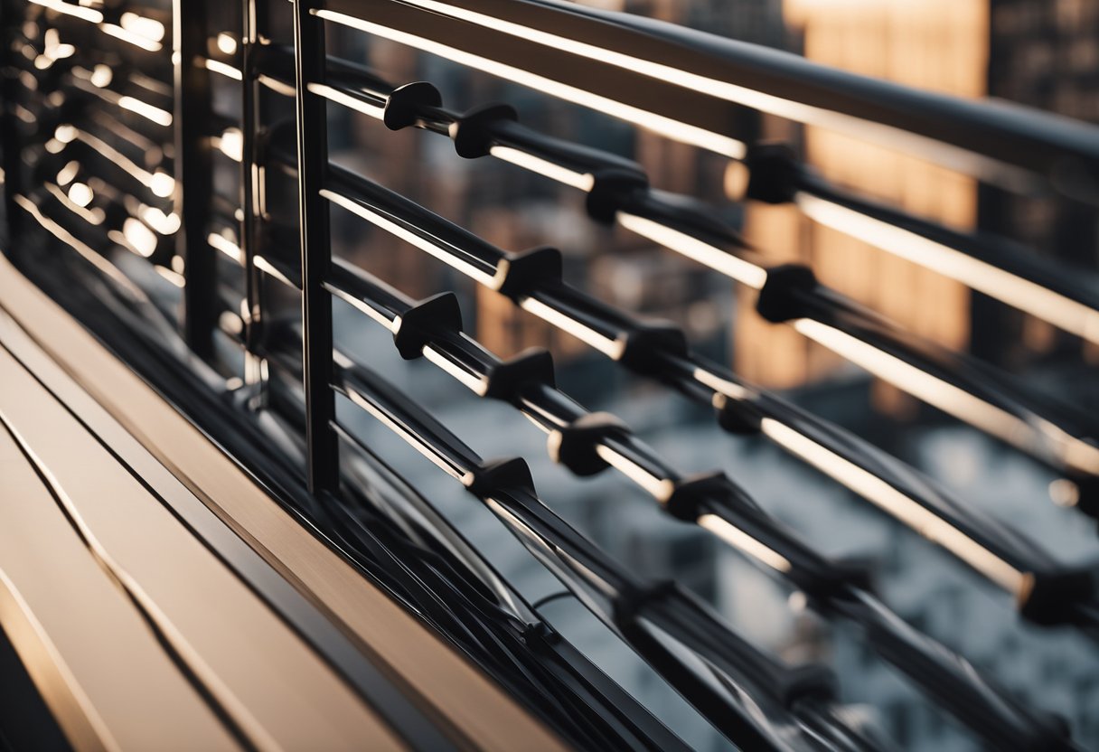 A sleek, modern balcony grill design with geometric patterns and clean lines against a backdrop of city skyline