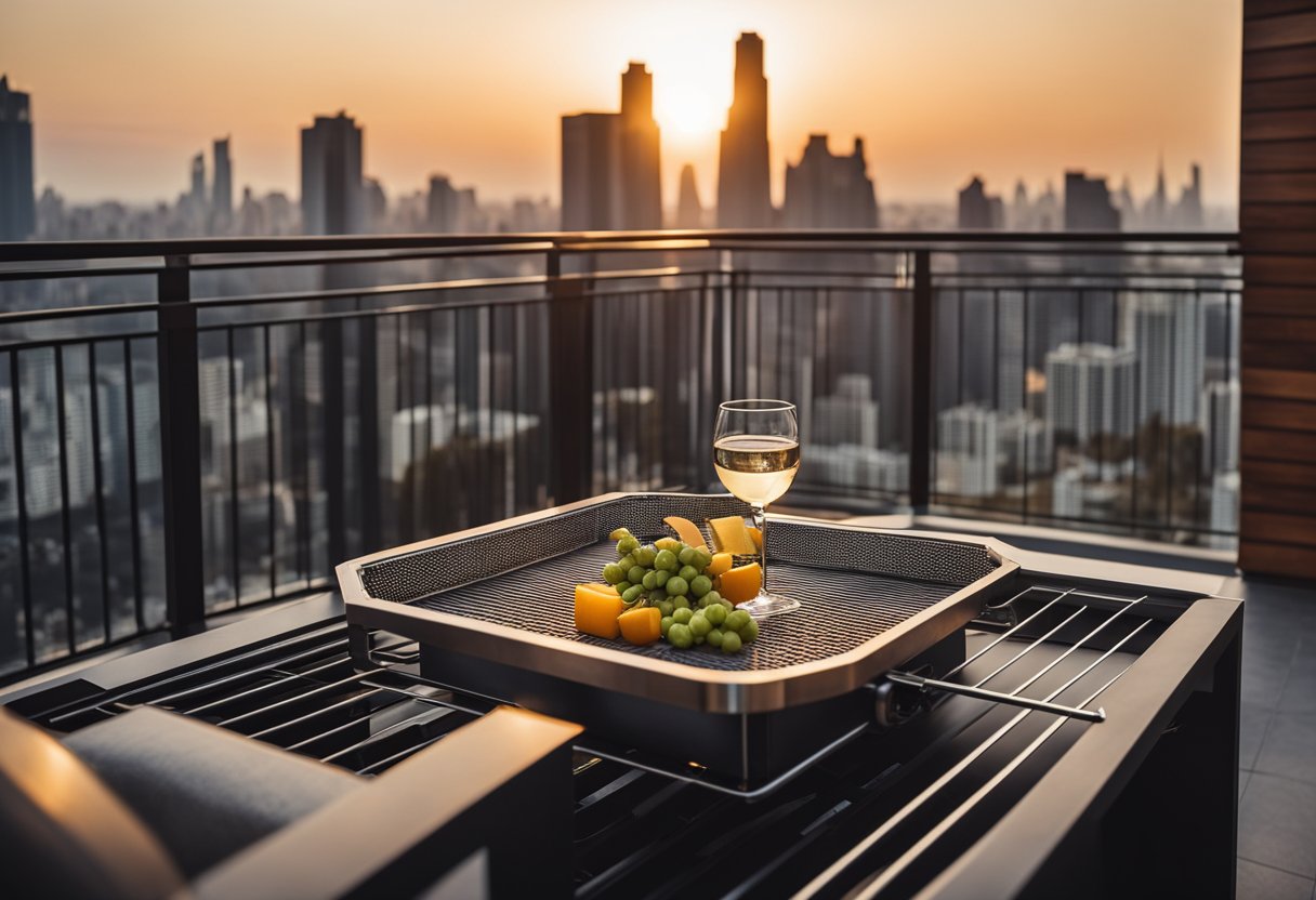 A modern balcony grill design with sleek lines and geometric patterns, overlooking a city skyline at sunset