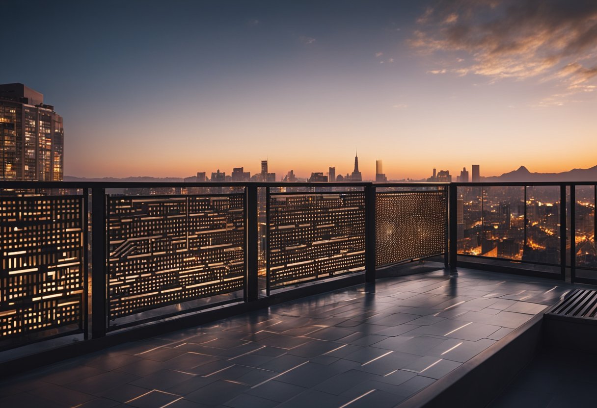 A modern balcony grill with sleek metal bars and geometric patterns, overlooking a city skyline at dusk