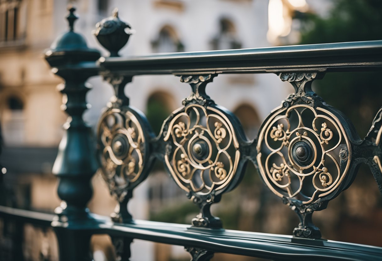 A decorative balcony railing with intricate scrollwork and floral motifs