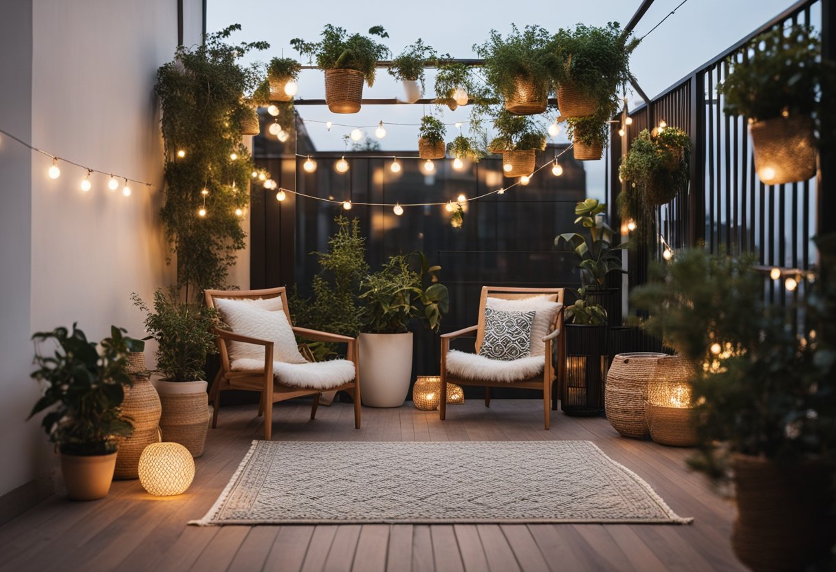 A spacious balcony with modern furniture, potted plants, and a cozy outdoor rug. A hanging string of lights adds ambiance to the space