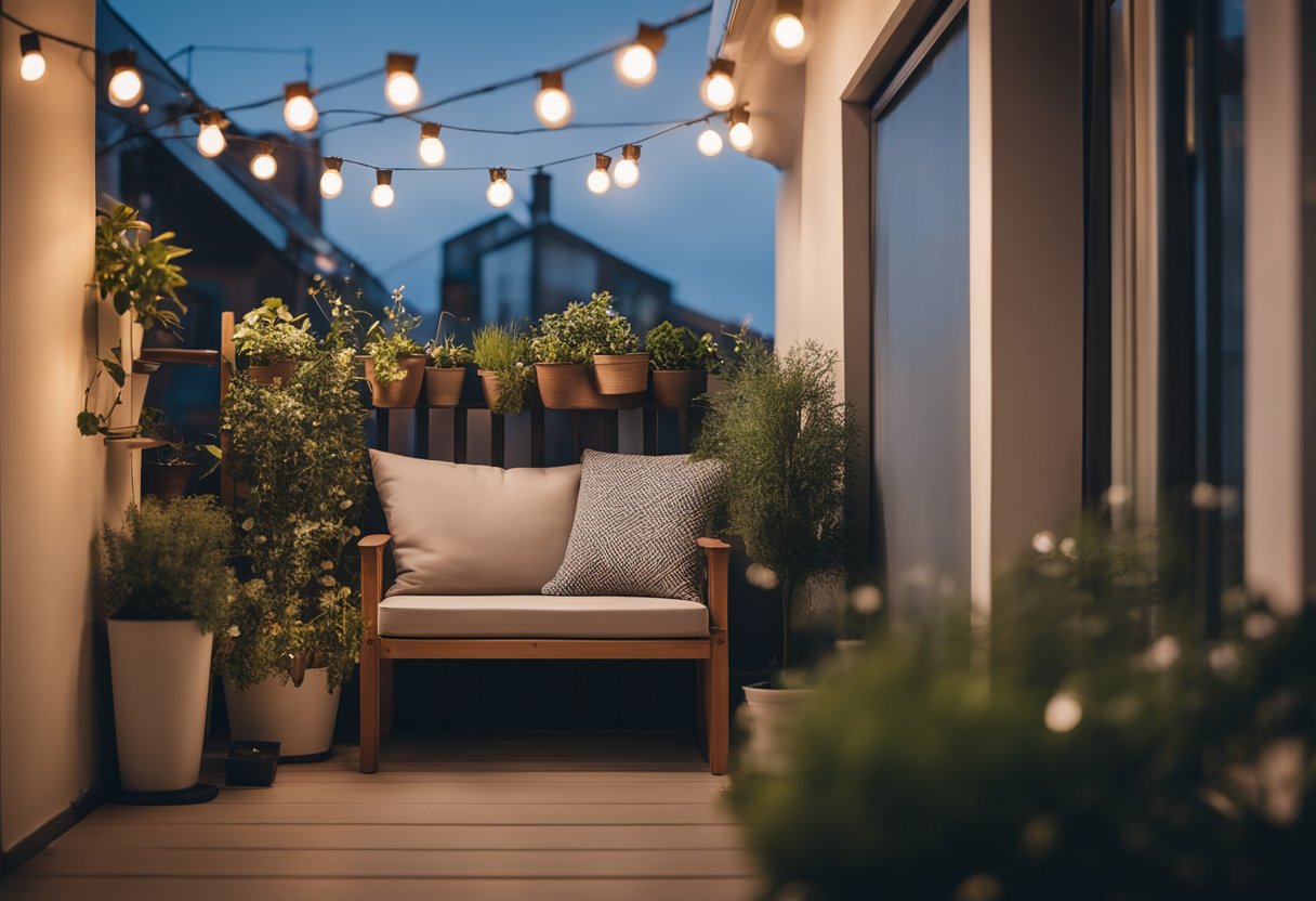 A cozy balcony with hanging plants, foldable furniture, and a compact grill. A small storage bench doubles as seating, while string lights add ambiance
