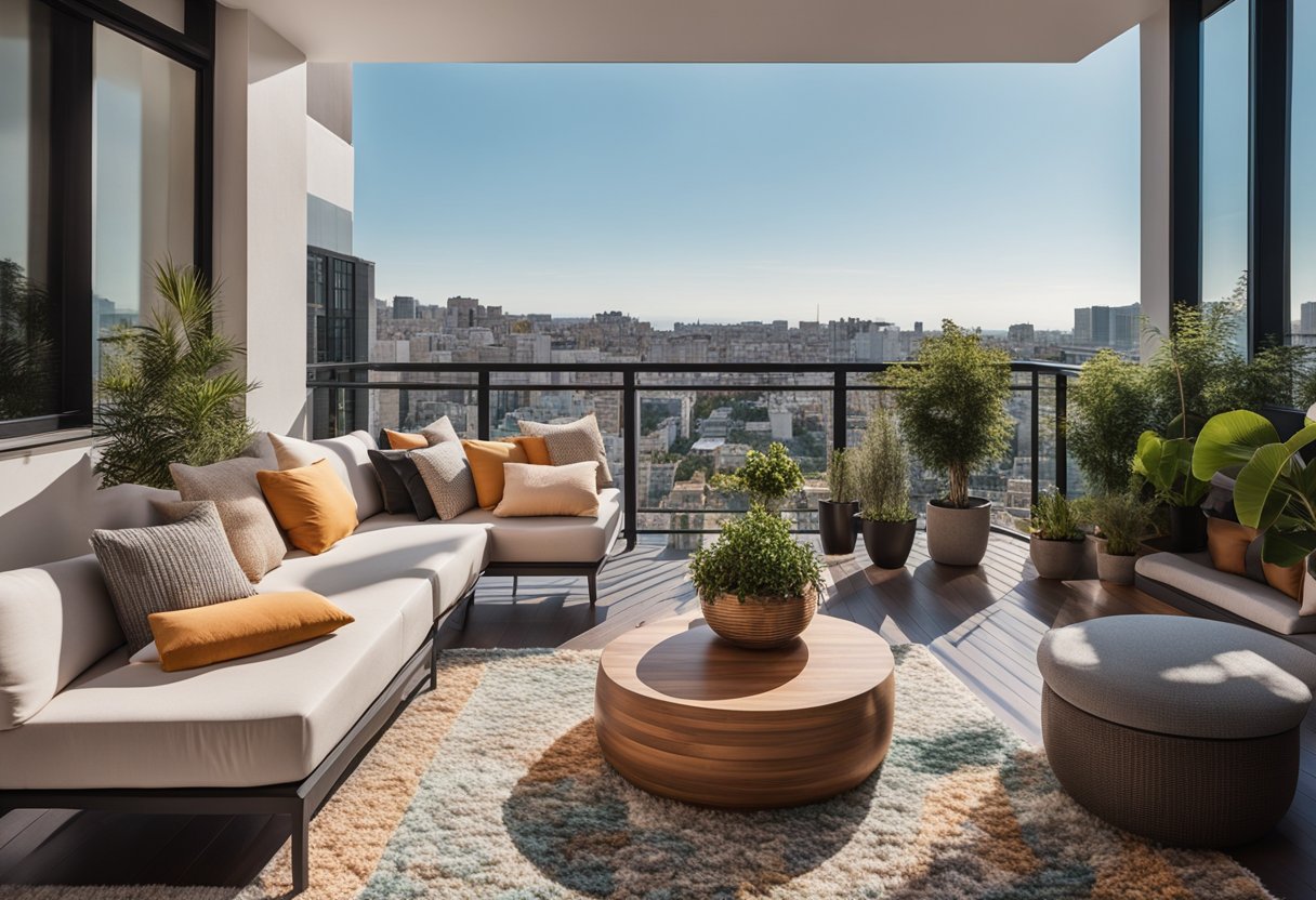 A modern balcony with sleek furniture, potted plants, and string lights. A cozy outdoor rug and colorful throw pillows add warmth. Glass railing offers unobstructed views