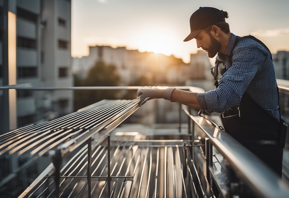 A worker installs a sleek, modern balcony grill design, securing it to the railing with precision. Maintenance tools and equipment are neatly organized nearby