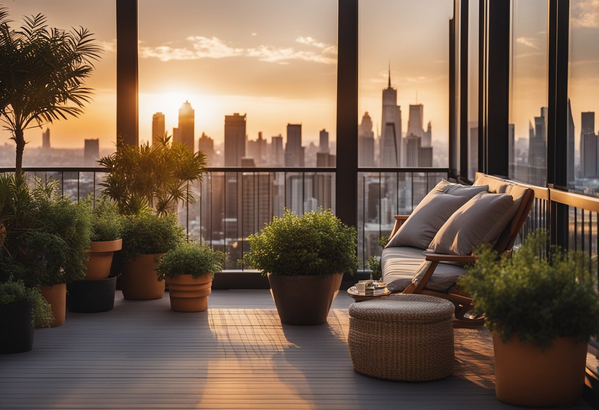 A spacious balcony with cozy seating, potted plants, and string lights, overlooking a city skyline at sunset