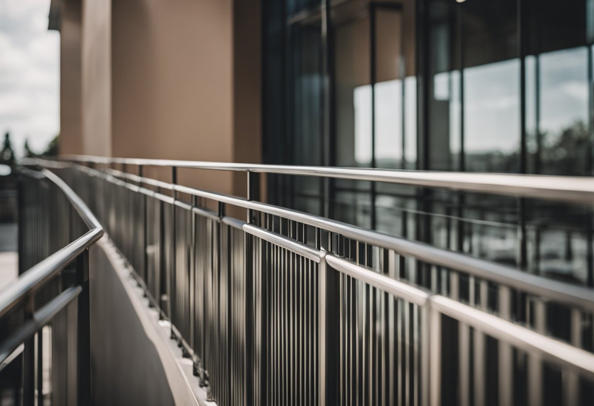 A modern balcony railing with sleek, horizontal metal bars and a minimalist design, framed by glass panels for a clean and contemporary aesthetic