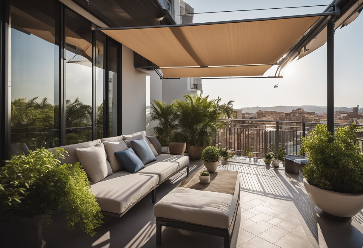 A spacious balcony with a retractable awning, potted plants, and comfortable seating, offering privacy and shade