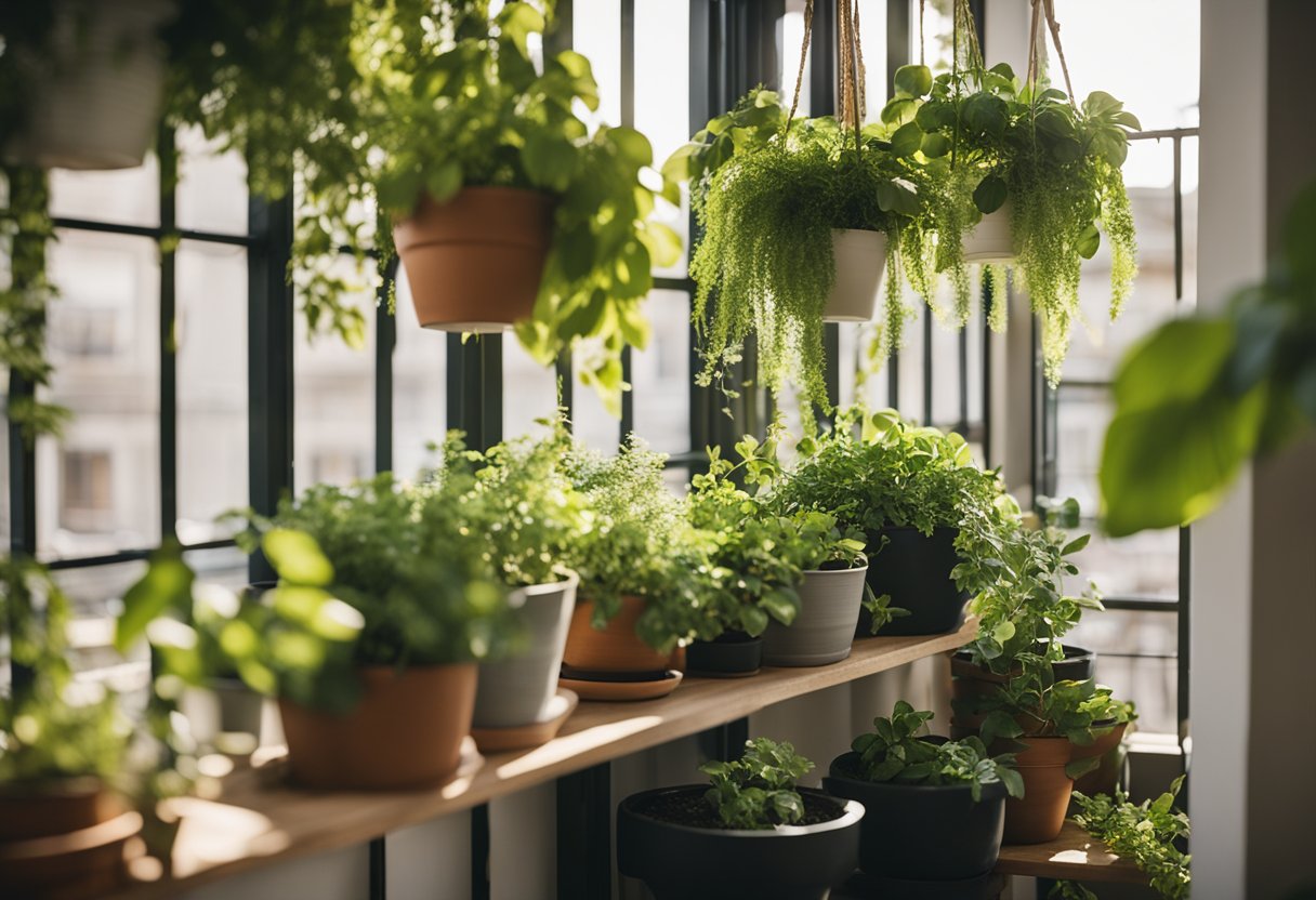 Lush green plants in pots arranged on a small balcony, with hanging planters and a cozy seating area. Sunlight filters through the foliage, creating a peaceful and inviting space