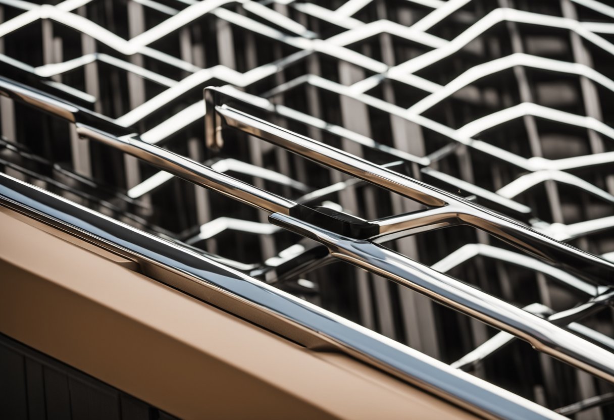 A modern balcony grill with sleek, geometric patterns and a glossy finish, adding a contemporary touch to the outdoor space