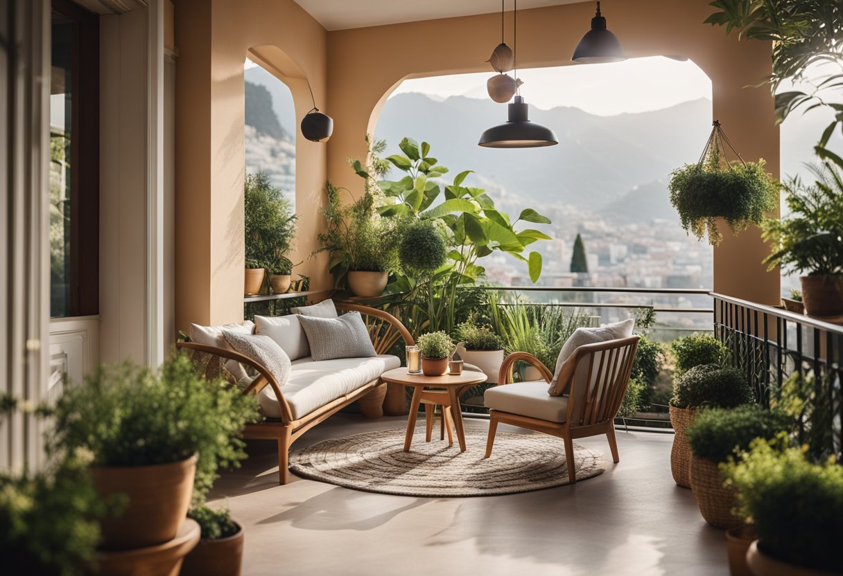 A spacious balcony with a cozy seating area, surrounded by lush greenery and potted plants. A small table with a vase of fresh flowers adds a touch of elegance. A string of fairy lights hangs overhead, creating a warm and inviting ambiance