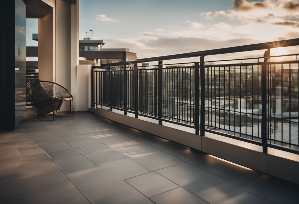 A modern, sleek balcony railing design with clean lines and comfortable seating area