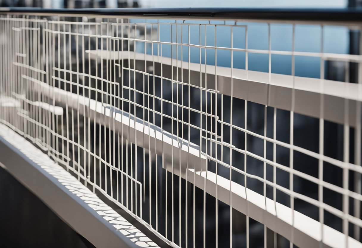 A balcony with a modern, sleek grill design, featuring clean lines and geometric patterns. The grill is made of durable material and is seamlessly integrated into the balcony structure