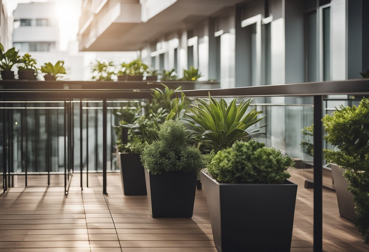 A modern balcony with sleek metal railings and glass panels, featuring a wooden deck floor and potted plants for a touch of greenery