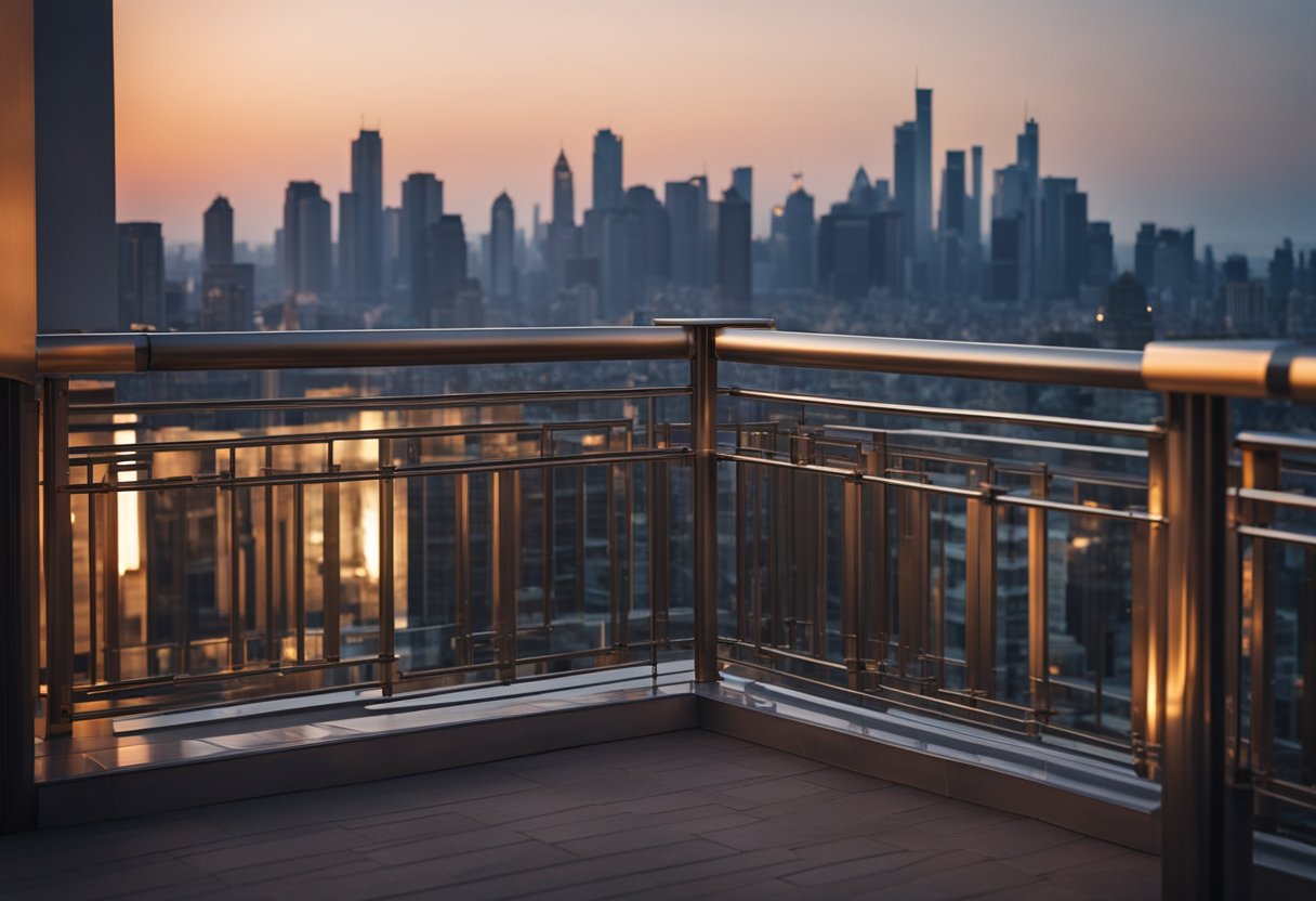 A modern balcony with sleek metal railing design overlooking a city skyline at sunset