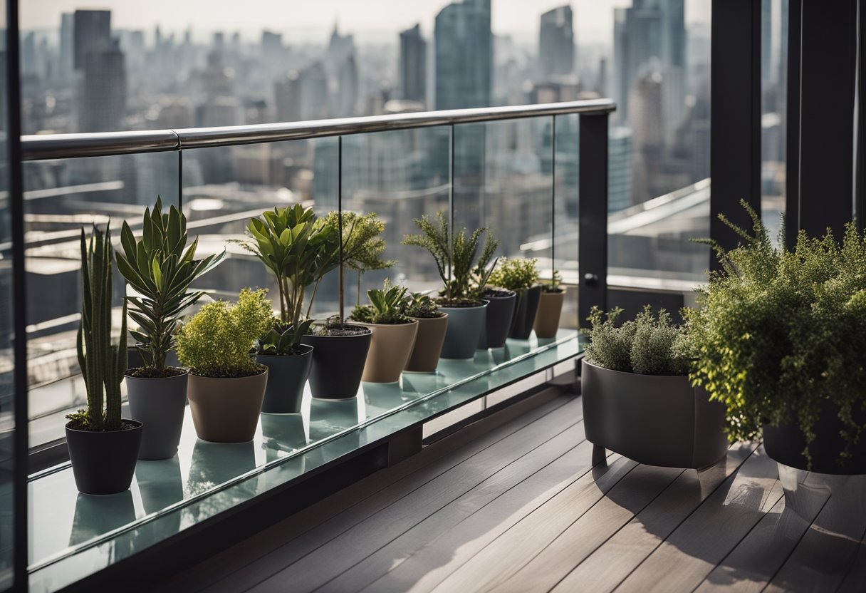 A modern balcony with sleek glass railings, potted plants, and cozy outdoor furniture overlooking a bustling cityscape