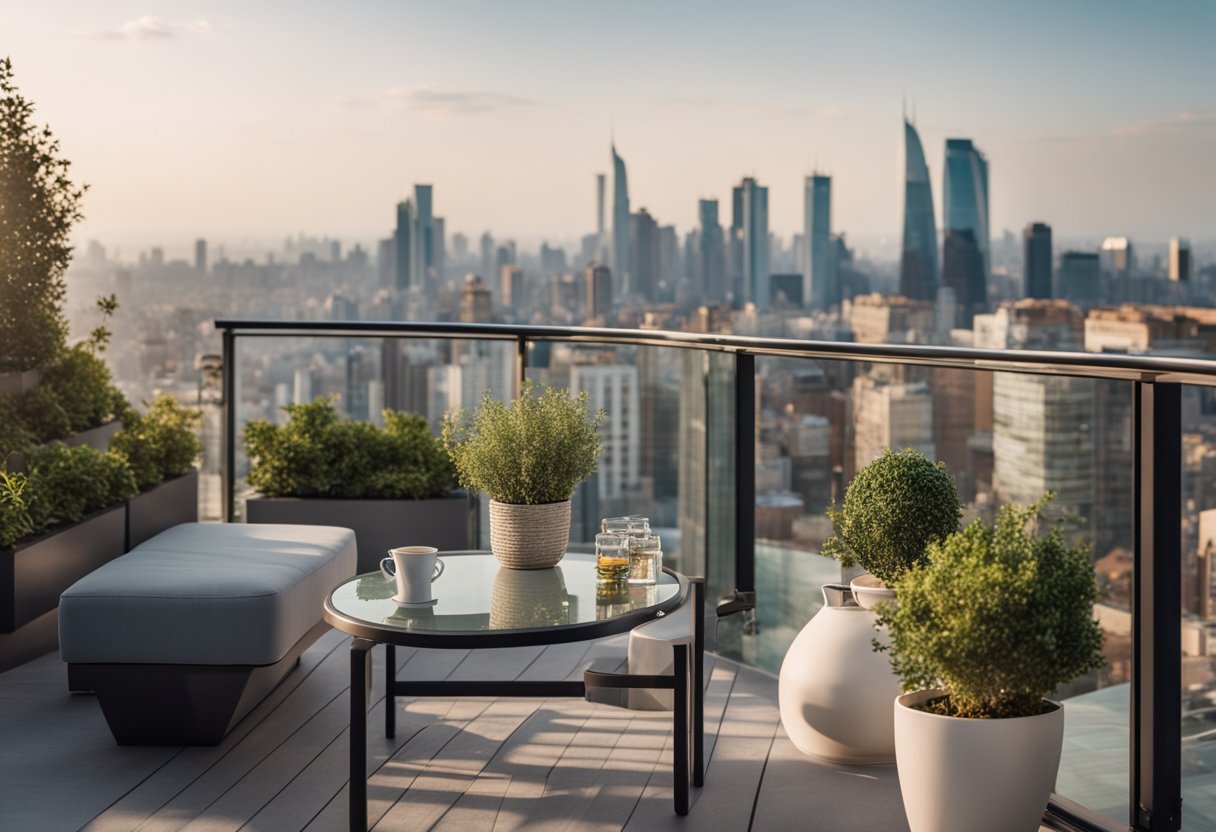 A modern balcony with sleek glass railings and potted plants. A cozy seating area with comfortable chairs and a small table. A city skyline in the background