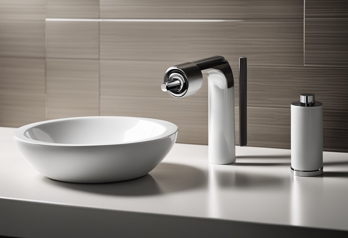 A modern toilet with sleek, minimalist design. White porcelain bowl, chrome flush handle, and clean lines