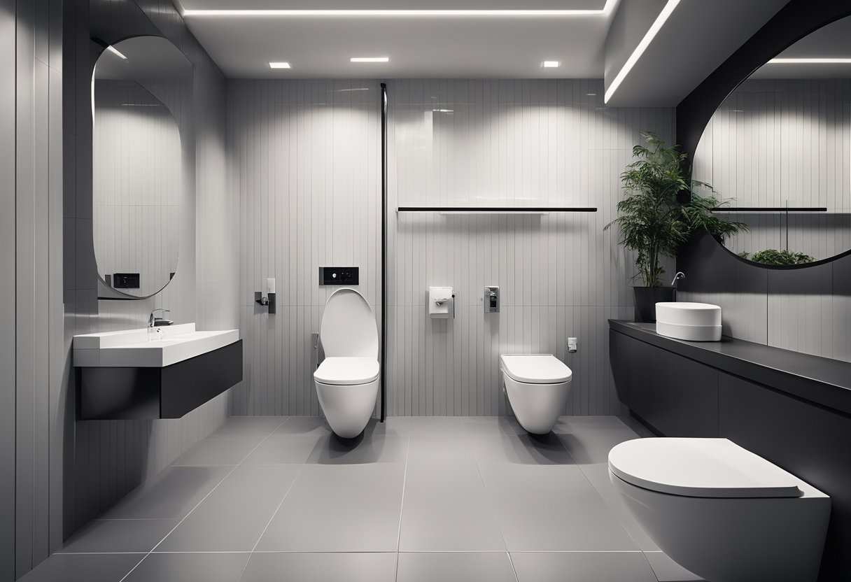 A modern toilet with sleek lines and minimalist features, accented with chrome fixtures and a monochromatic color scheme
