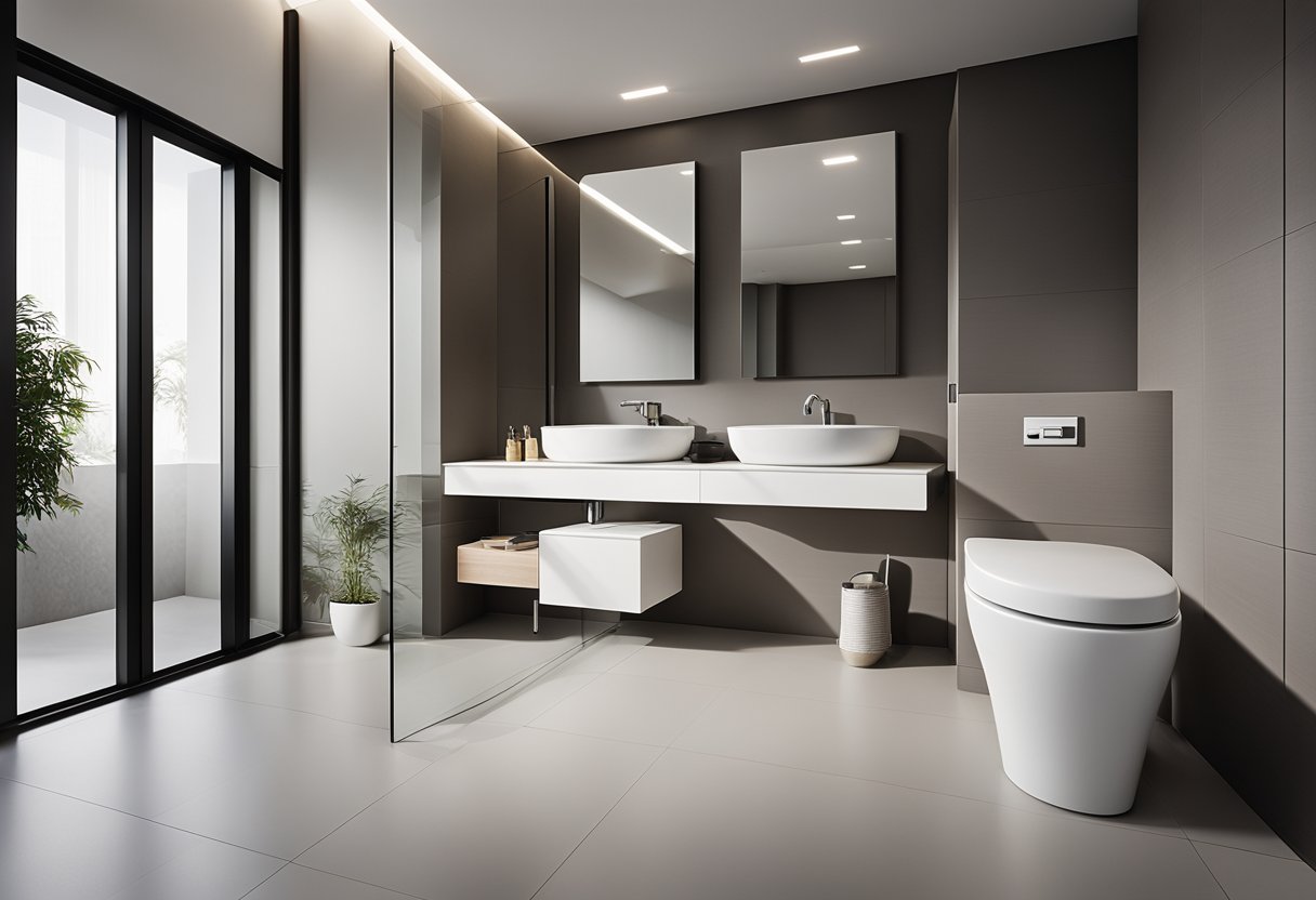 A modern toilet with sleek fixtures and clean materials, featuring a minimalist design with a focus on functionality and simplicity