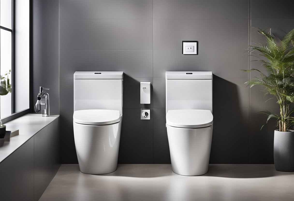 A sleek, minimalist toilet with integrated bidet and touchless flush. Clean lines, neutral colors, and high-tech features convey modernity and sophistication