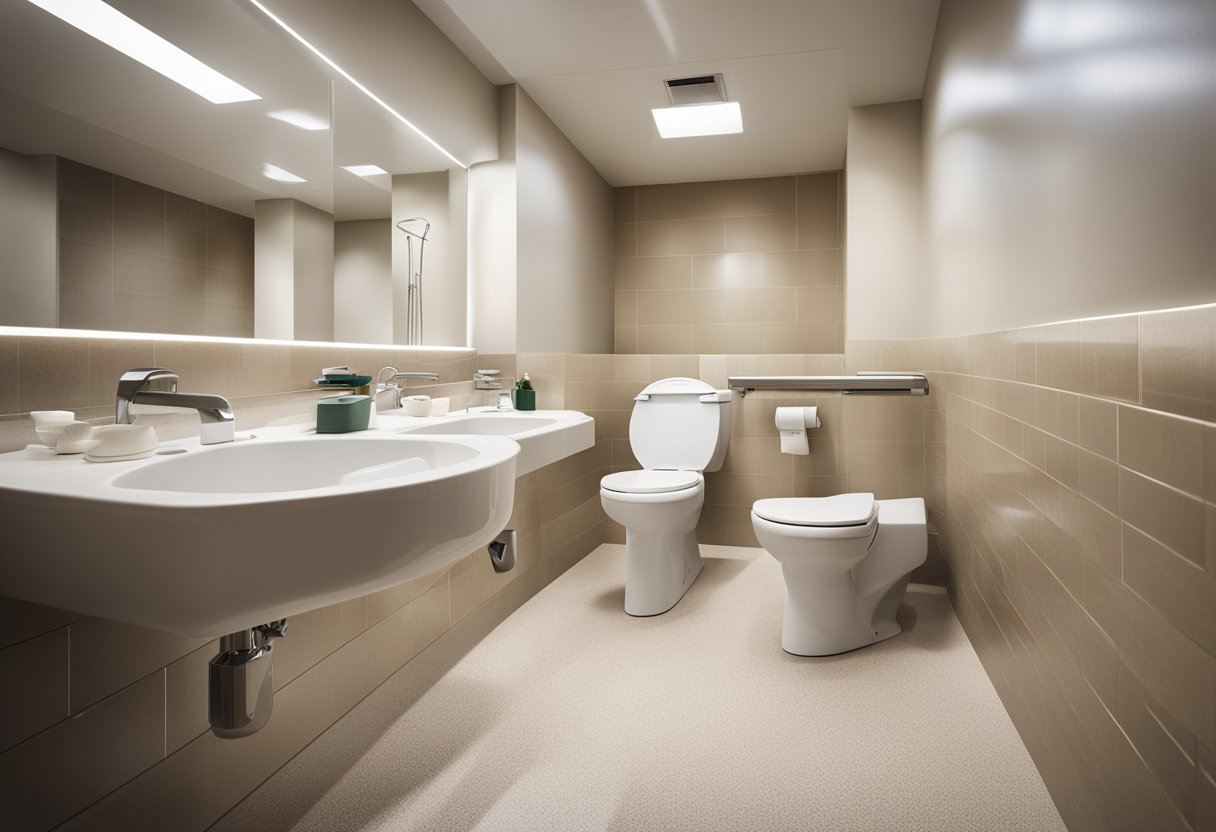 A spacious, well-lit restroom with grab bars, non-slip flooring, and a raised toilet seat for accessibility