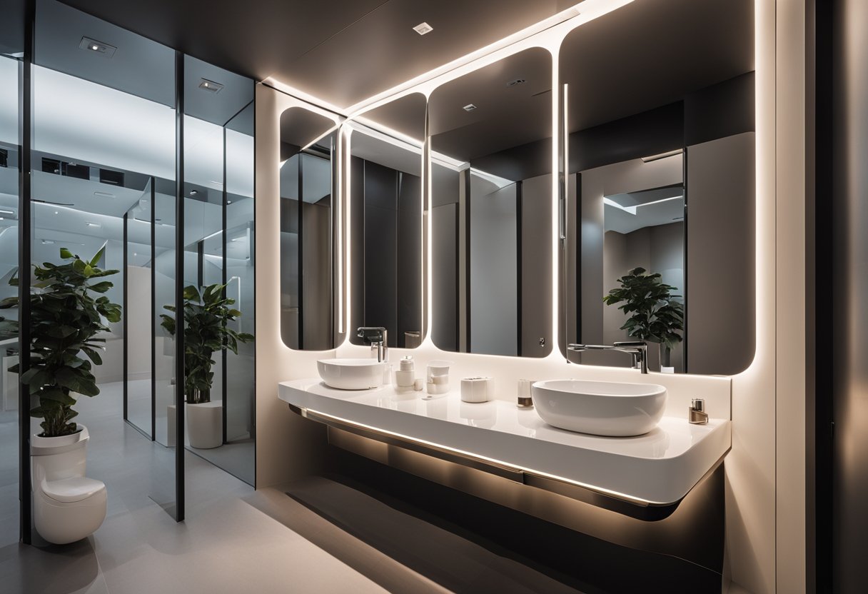 A modern toilet with sleek lighting fixtures and mirrors reflecting the clean, minimalist design
