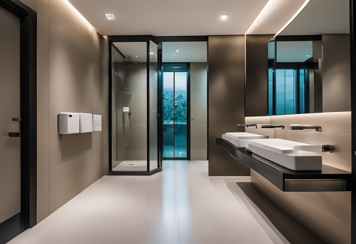 A modern toilet in Singapore with sleek, minimalist design, featuring high-tech toilet fixtures and clean, elegant lines