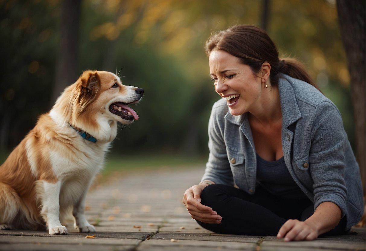 A frustrated dog owner tries to calm their barking dog with a treat or toy, using a soothing voice and gentle gestures