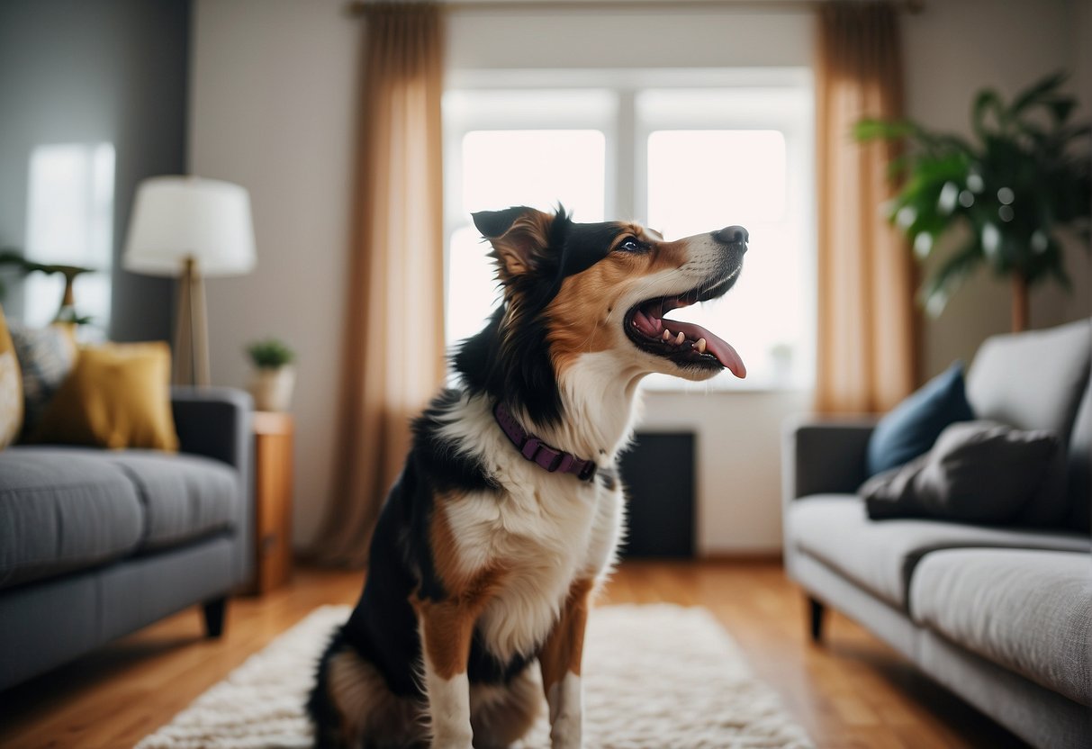 A dog barking in a living room, with a puzzled owner trying to figure out how to make the dog stop