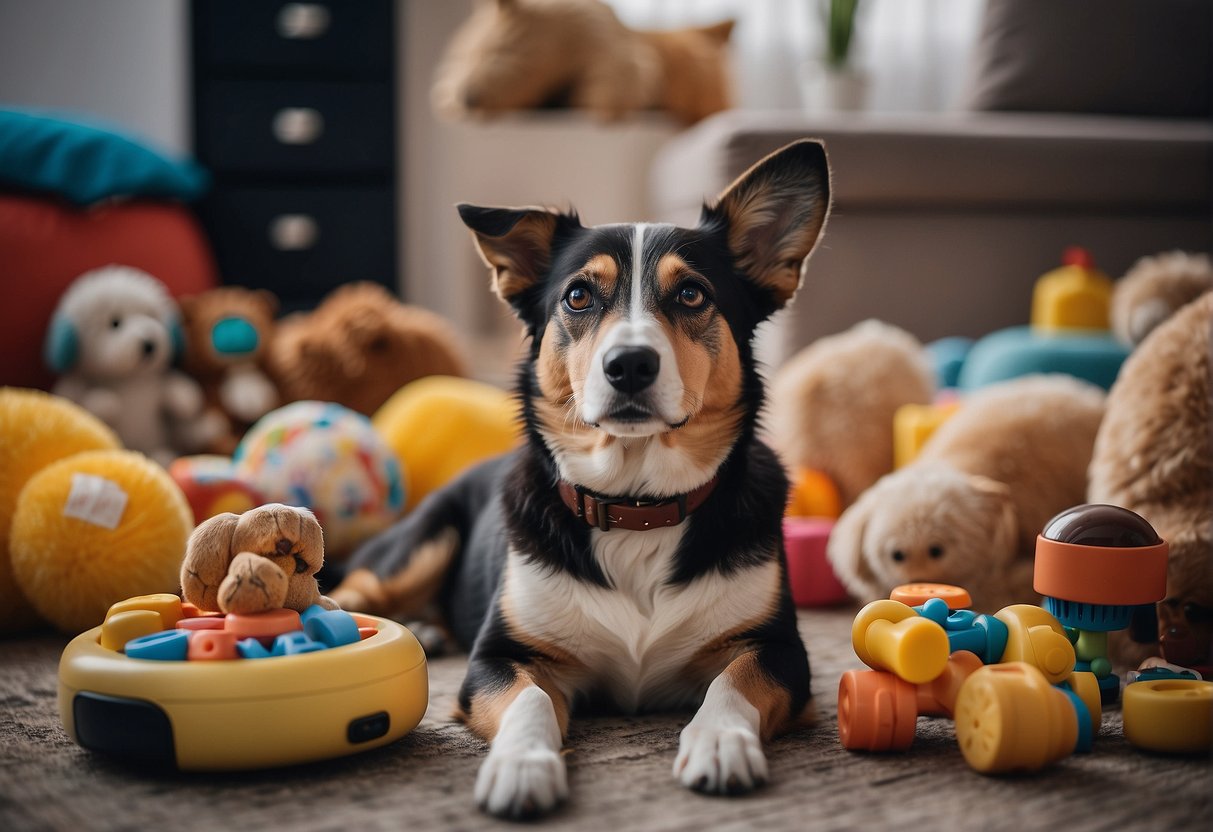 A peaceful dog sitting quietly, surrounded by toys and treats. A calm owner using positive reinforcement to train the dog to stop barking