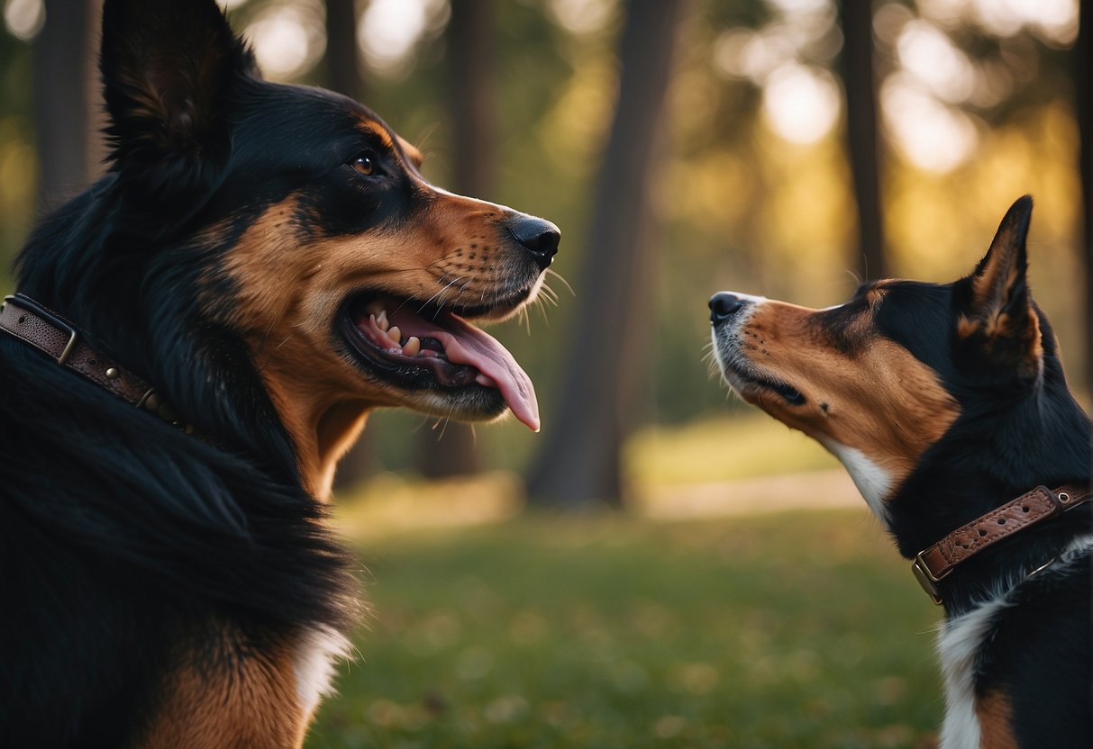 A dog barking with a frustrated owner trying to calm it down