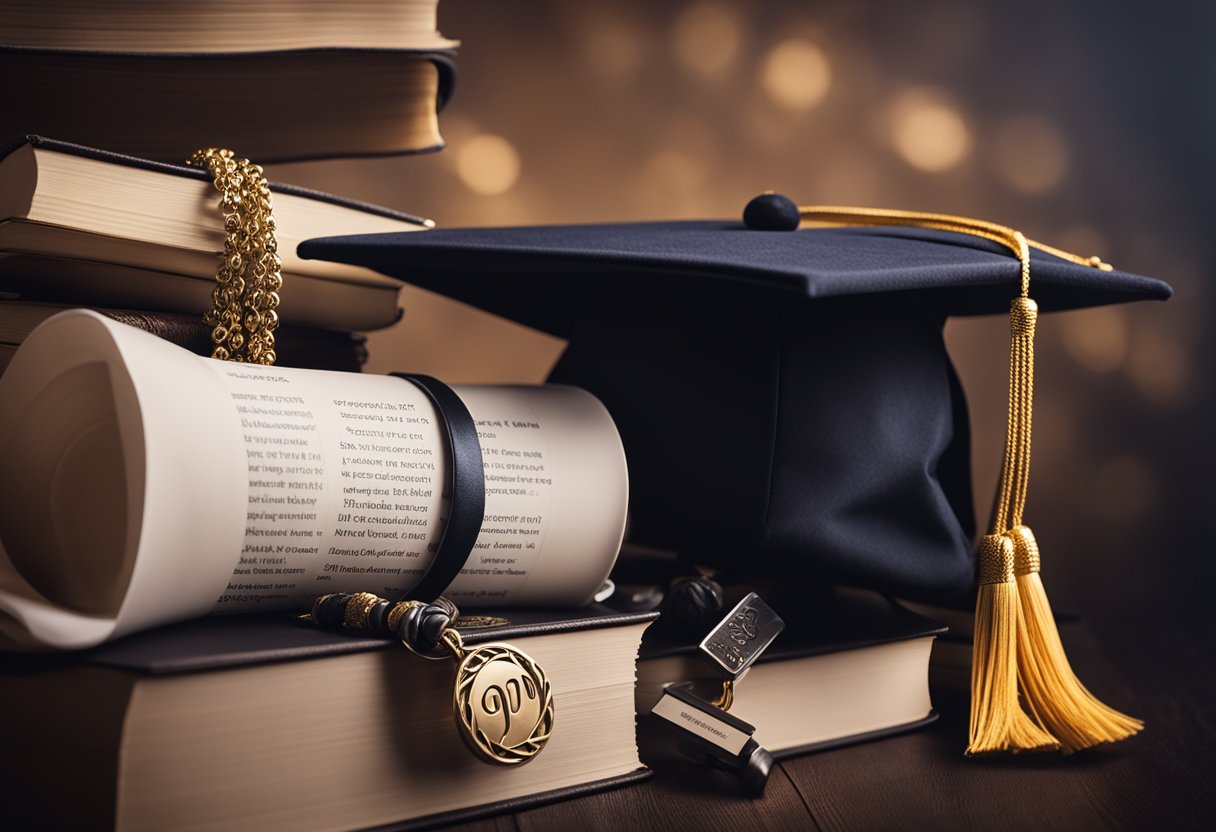 A graduation cap and diploma resting on a stack of books, with a personalized necklace and bracelet nearby
