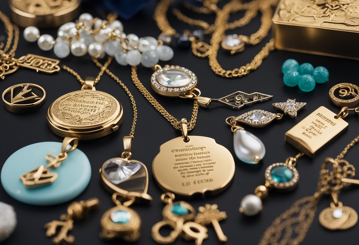 A table displays custom graduation jewelry options, including necklaces and bracelets. A variety of personalized charms and engravings are showcased