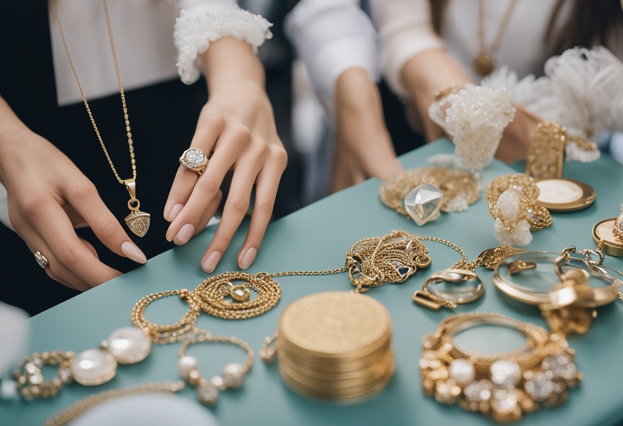 A hand reaches for a delicate necklace with a graduation cap charm, surrounded by other personalized jewelry options on a display table