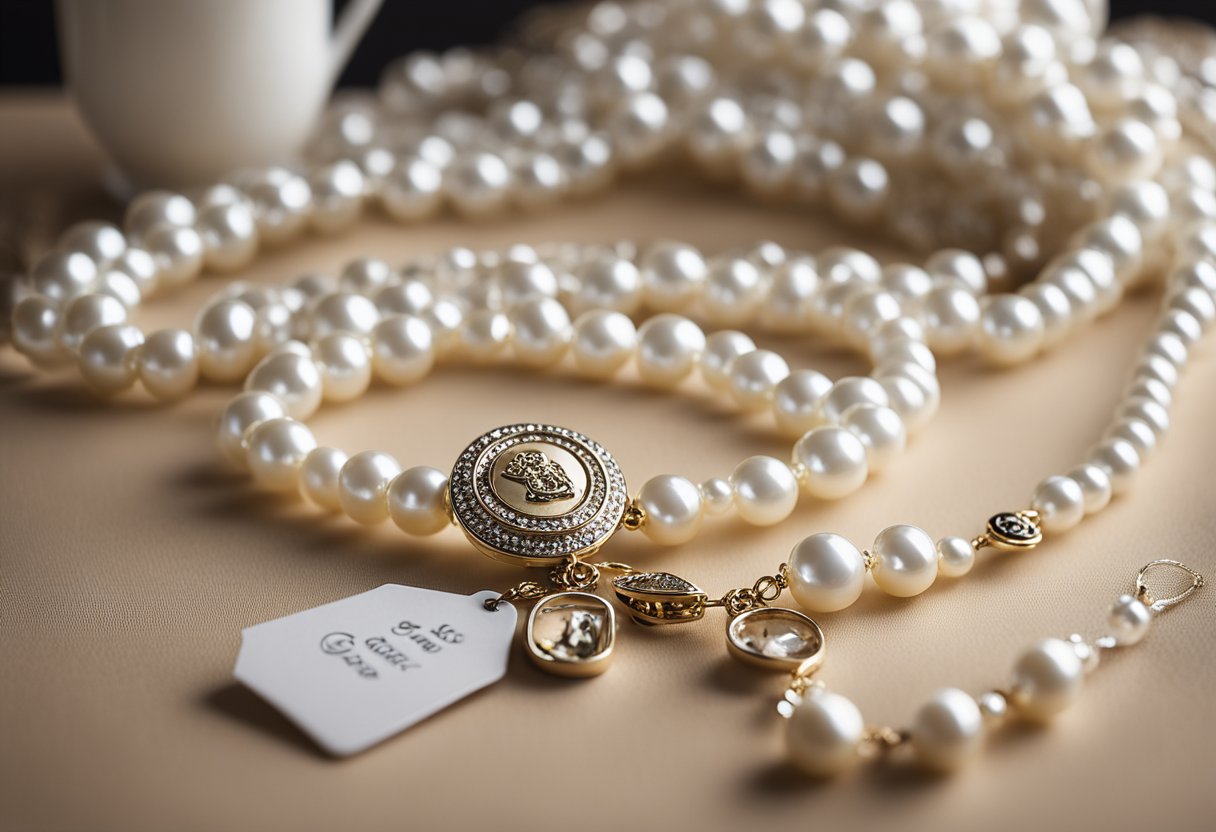 A table adorned with personalized graduation jewelry, including necklaces and bracelets, with feminine accents such as pearls and delicate engravings